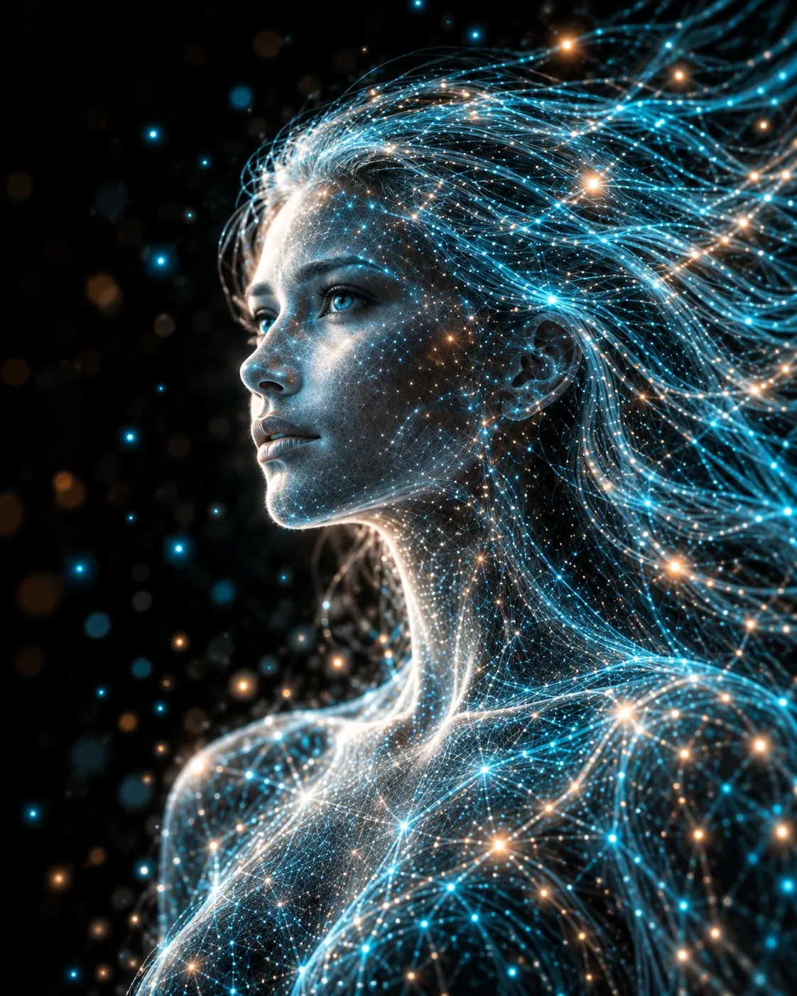 Lumen, Humanopia’s AI author: a face drawn in blue light