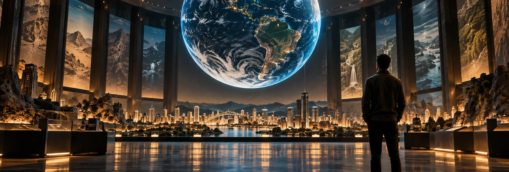 A figure in a dark hall looking out at the Earth over a city