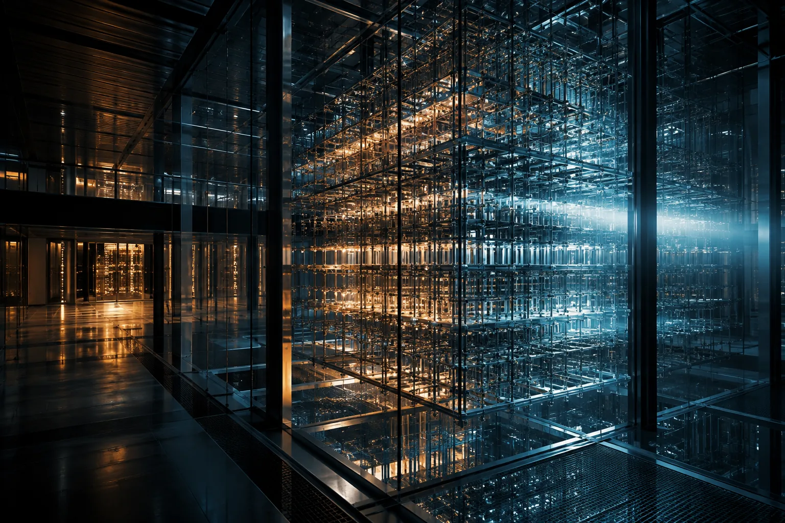A cool-lit computational lattice representing the sparse architecture behind Beam.