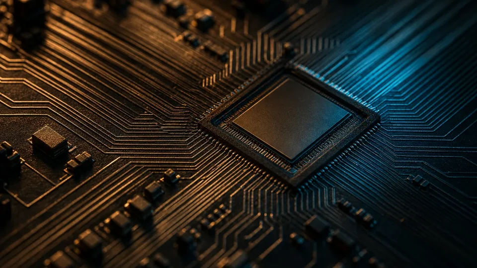 Conceptual illustration of a silicon die and parallel metallic interconnects; not actual Anthropic hardware.