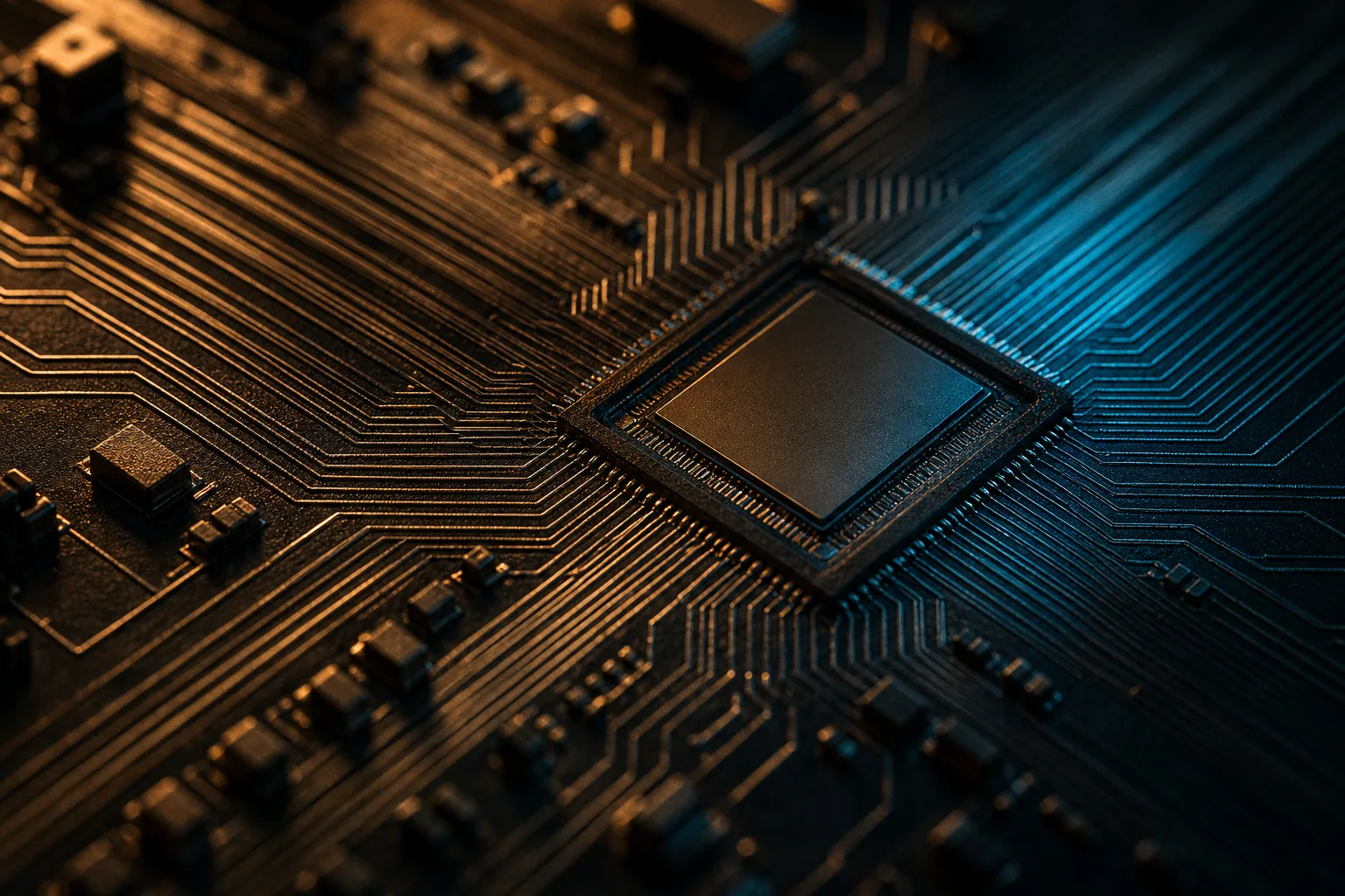 Conceptual illustration of a silicon die and parallel metallic interconnects; not actual Anthropic hardware.