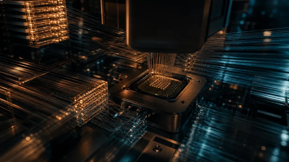 Conceptual illustration of a processor amid layered optical connections; not actual Google hardware.