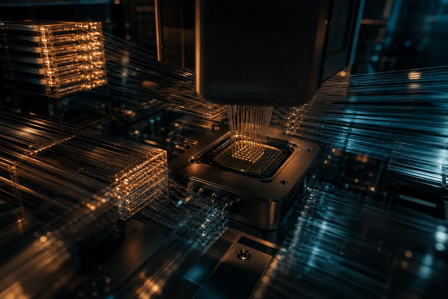 Conceptual illustration of a processor amid layered optical connections; not actual Google hardware.