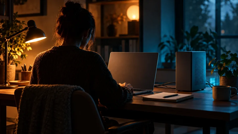 A person working at a laptop beside a compact desktop computer in a home office.