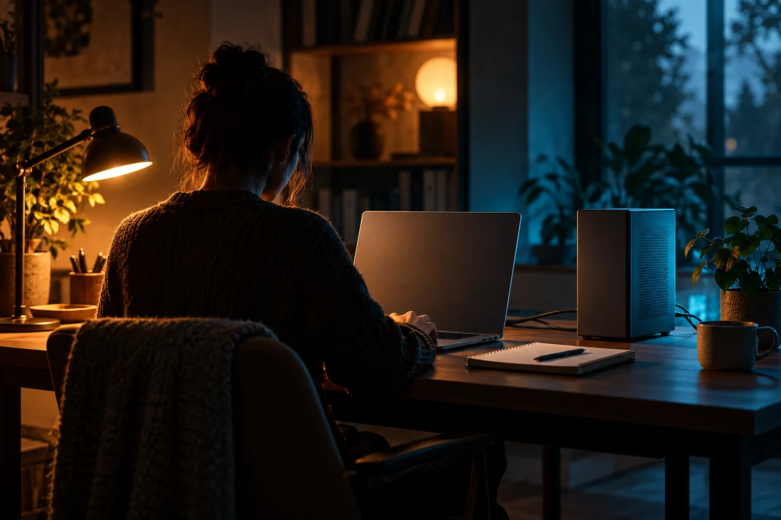 A person working at a laptop beside a compact desktop computer in a home office.