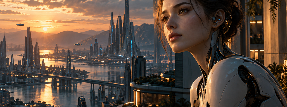 A contemplative synthetic character overlooking a futuristic city