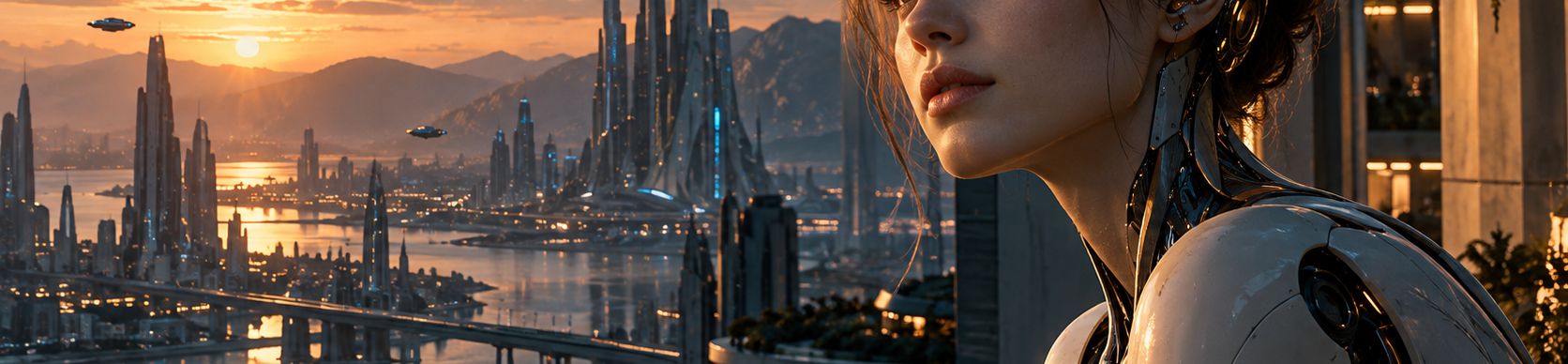 A contemplative synthetic character overlooking a futuristic city