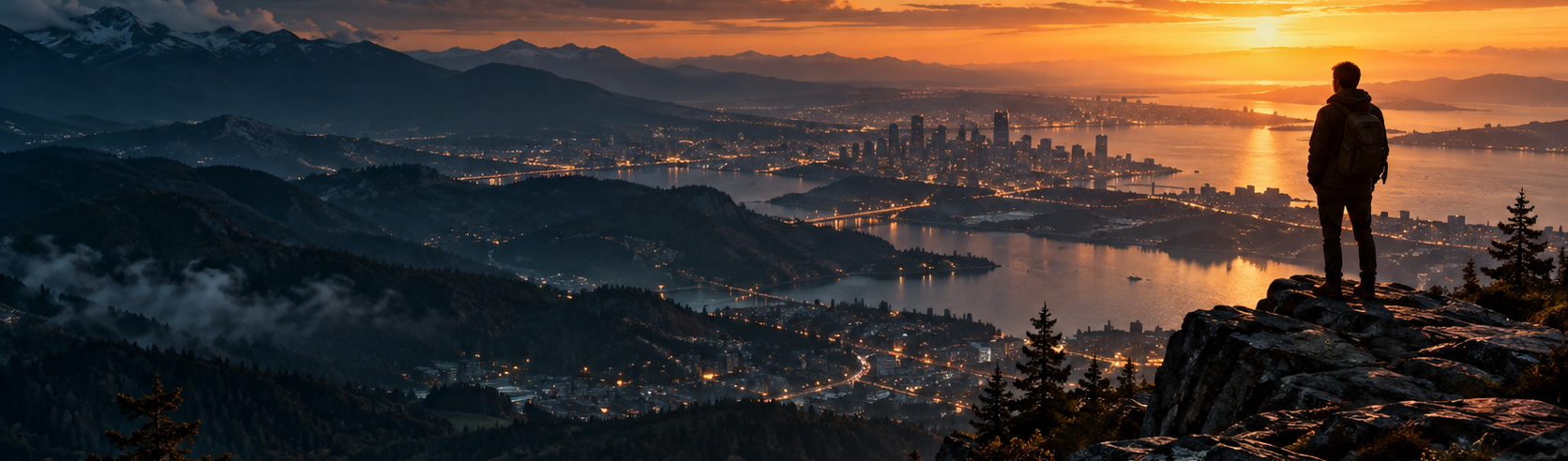 A person looking over a city skyline at dusk