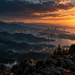 A person overlooking a city and mountains at dusk