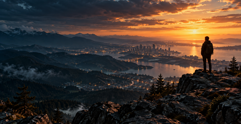 A person overlooking a city and mountains at dusk