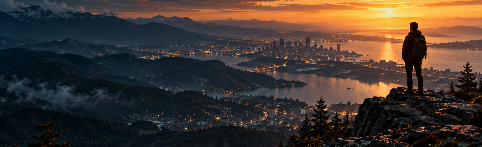 A person overlooking a city and mountains at dusk