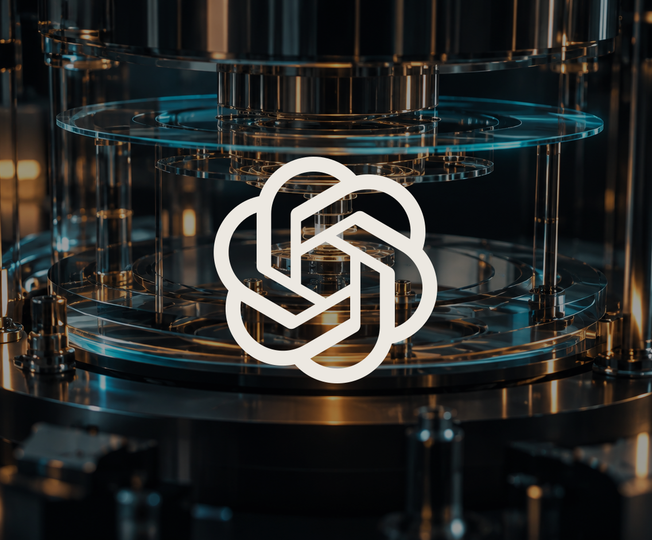 The OpenAI mark over a cyan and amber computational instrument