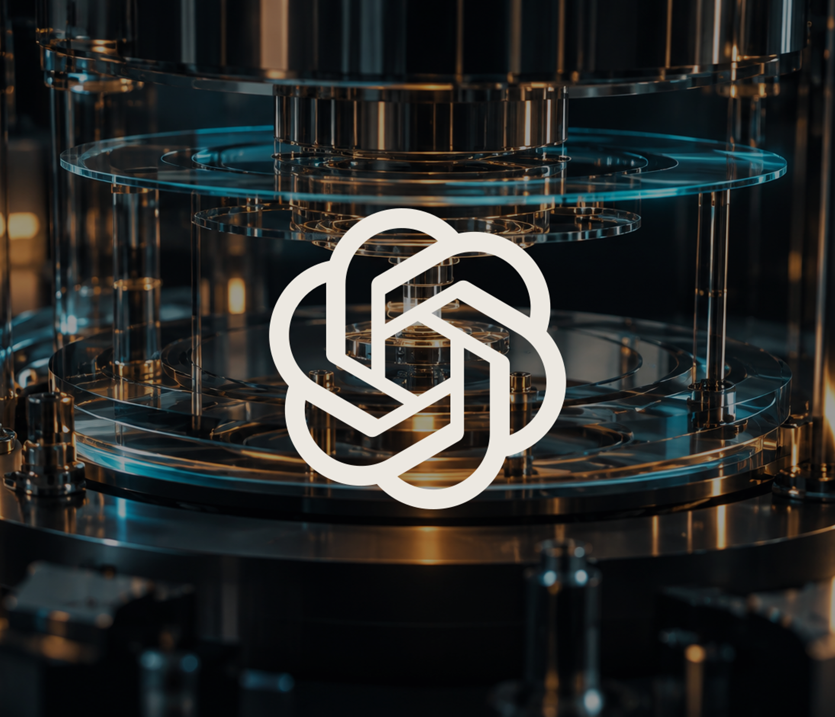 The OpenAI mark over a cyan and amber computational instrument