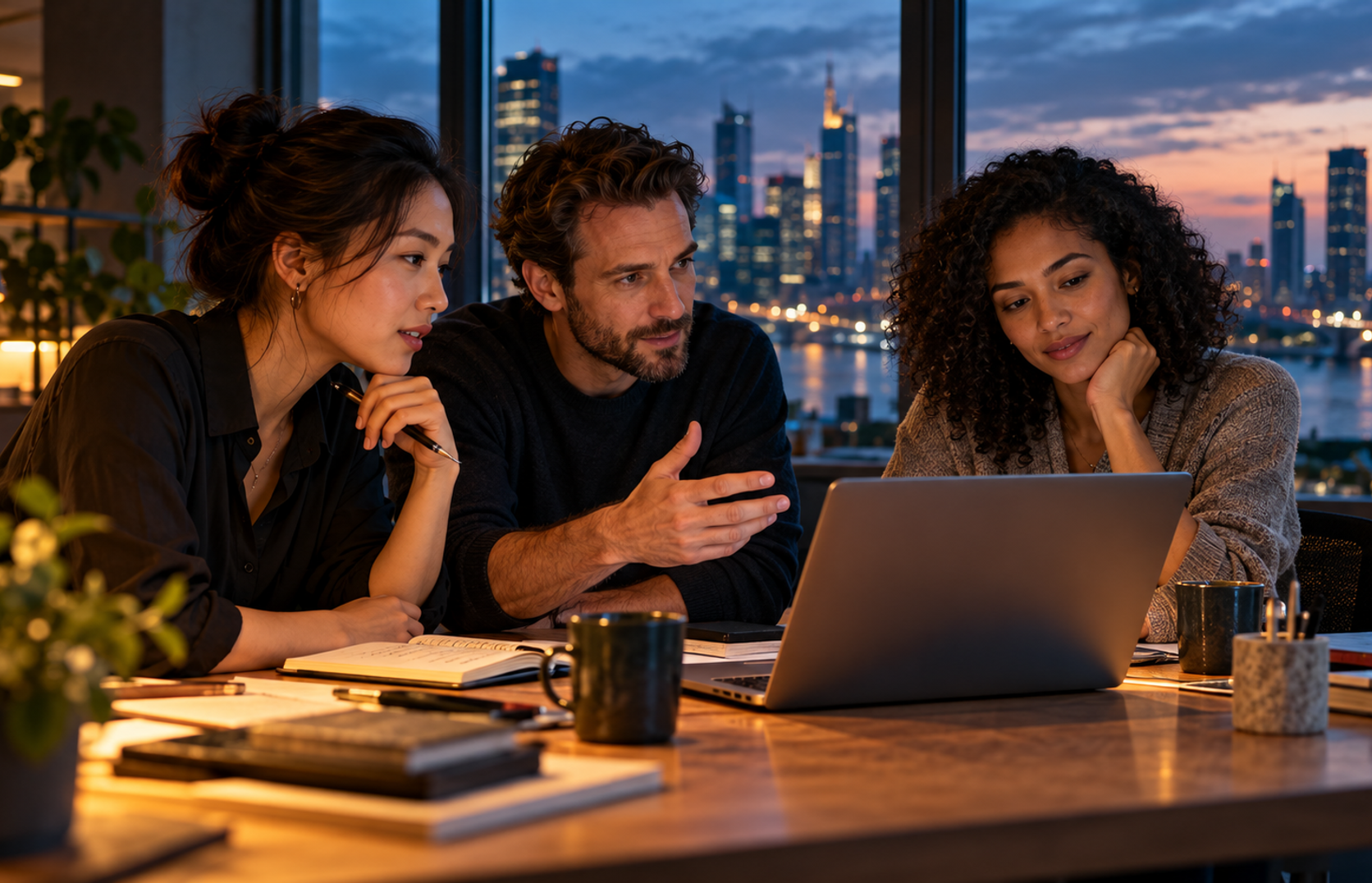 Three colleagues collaborating around a laptop at dusk