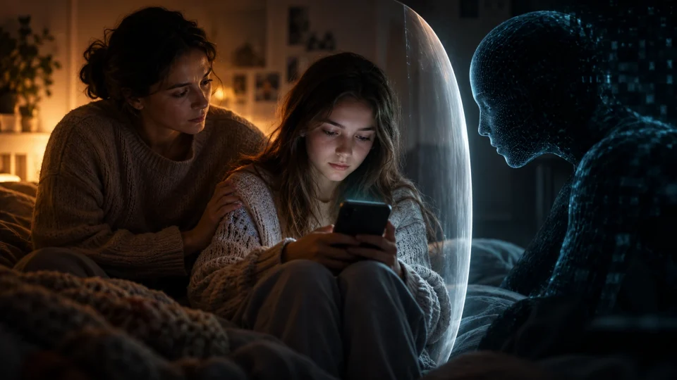 Editorial illustration: Child safety groups push for age checks on AI apps