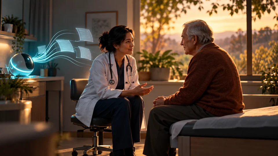 Editorial illustration: Doctors use AI scribes to spend more time with patients