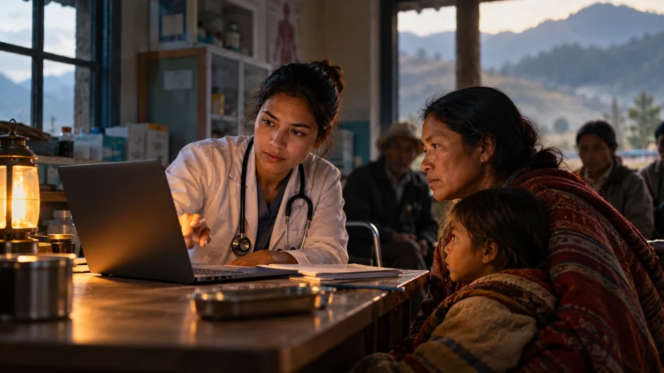 Editorial illustration: Rural clinics test AI triage tools