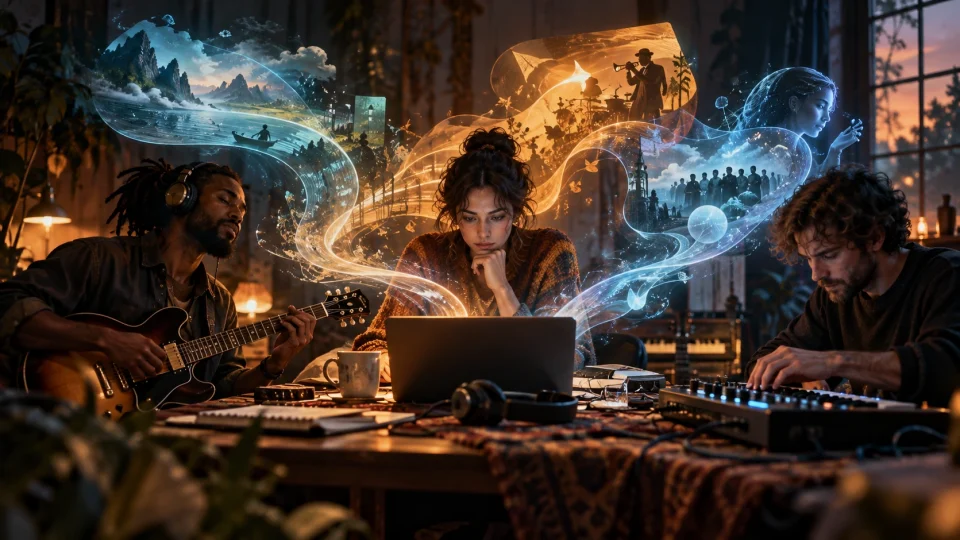 Editorial illustration: AI music generators, tested by working musicians