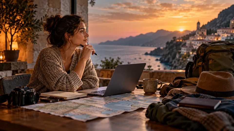Editorial illustration: Using AI to plan a trip, step by step