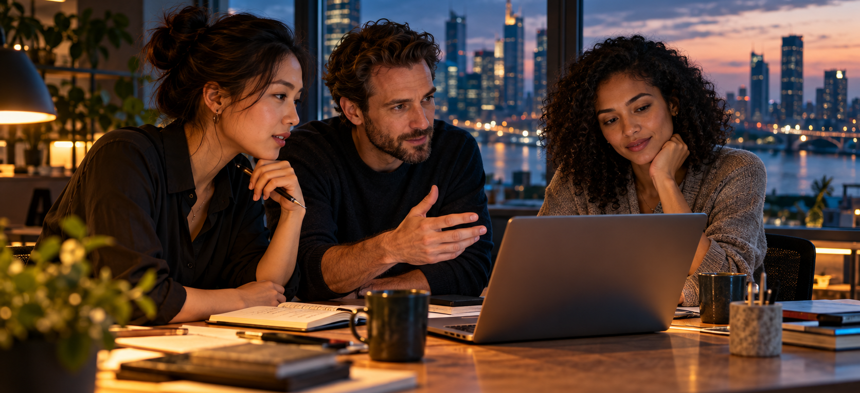 Colleagues planning together in an office overlooking a city