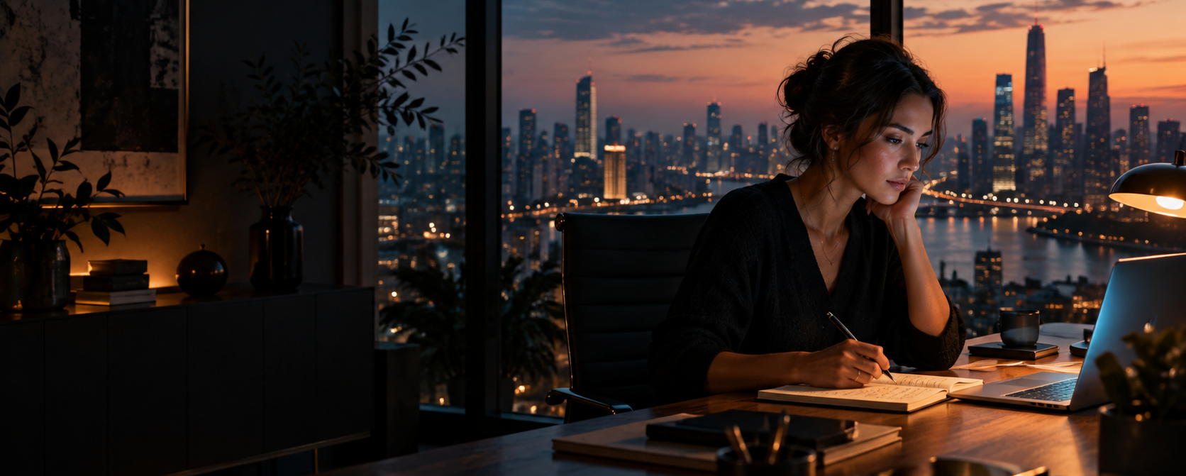 A professional working at a desk overlooking a city at dusk