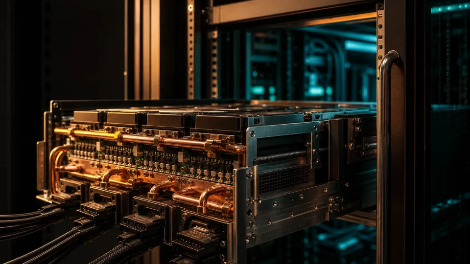 Conceptual illustration of an exposed accelerator assembly and cooling connections; not a specific Meta hardware configuration.
